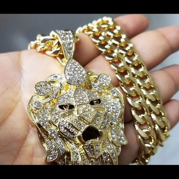 Amazon.com: 14K Gold Lion Head Pendant : Clothing, Shoes  14K Gold finish Large Lions Head Pendant Chain Set